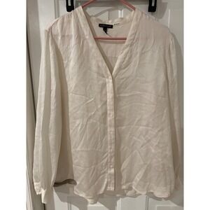 Eileen‎ Fisher Silk Ivory Button Down Long Sleeve V Neck Blouse Top Large